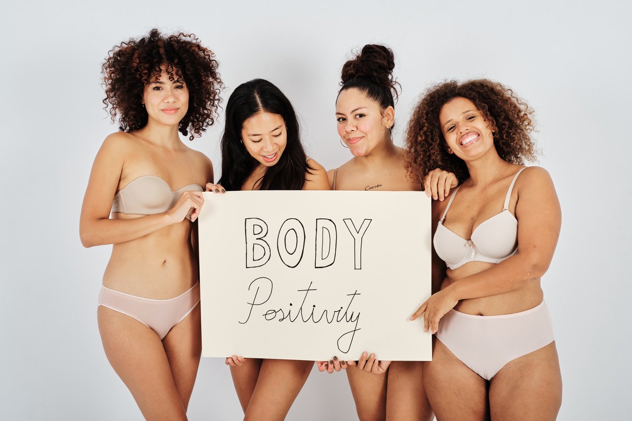 Diverse Women in Underwear with Body Positivity Banner